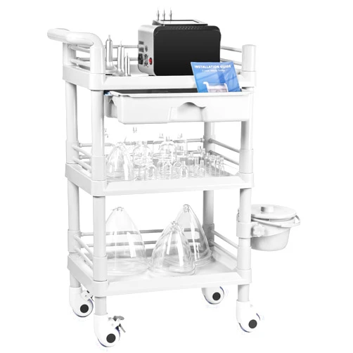 Meifuly Beauty Trolley Cart with Wheels, Vacuum Therapy Machine Trolley with Handrail, Bucket and Big Drawer, 3 Tier Heavy Duty Beauty Cart, Load 330lbs, 360° Rotate Silent Wheels