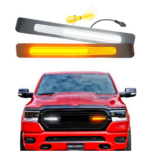NEOXIST For 2019-2024 Dodge Ram 1500 Laramie/Big Horn/Tradesman LED Grille Light Bar with DRL Daytime Running Light Amber Turn Signal Front Bumper Grill Head Lamp Insert Trim Accessories (Flag Accent)