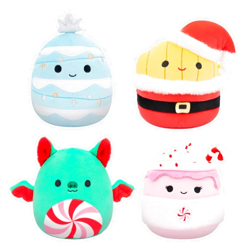 Squishmallows Original 5-Inch Holiday 4-Pack – Ethel Hot Chocolate, Floyd French Fries, Keiko Blue Christmas Tree, Ricardo Peppermint Bat – Official Jazwares Plush (Little)