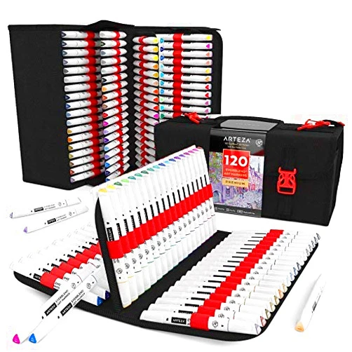 ARTEZA Art Alcohol Markers Set of 120 Colors, EverBlend Dual Tip Markers with 144-Slot Organizer, Fine and Broad Chisel Nib