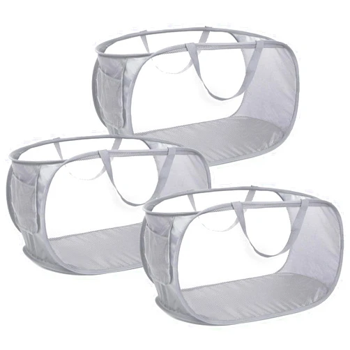 Bemkoo 3 Pack Collapsible Laundry Baskets, Foldable Laundry Basket with Pocket, Mesh Pop Up Hampers, Reinforced Handles Dirty Clothes Hamper for Laundry, Bedroom, Bathroom, Dorm, Travel or Camping Grey
