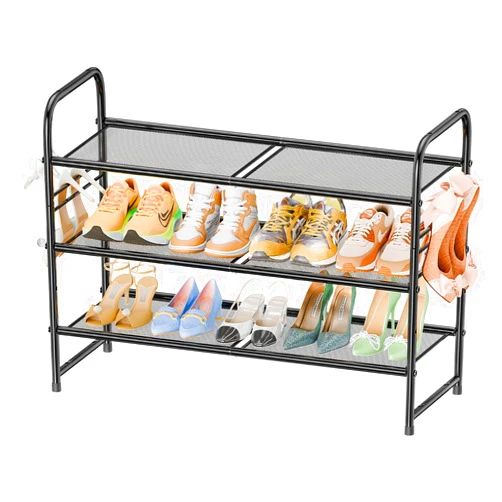 SUFAUY Stackable Shoe Rack 3 Tier Metal Mesh 32 inch Shoe Shelf Storage Organizer for Closet, Black