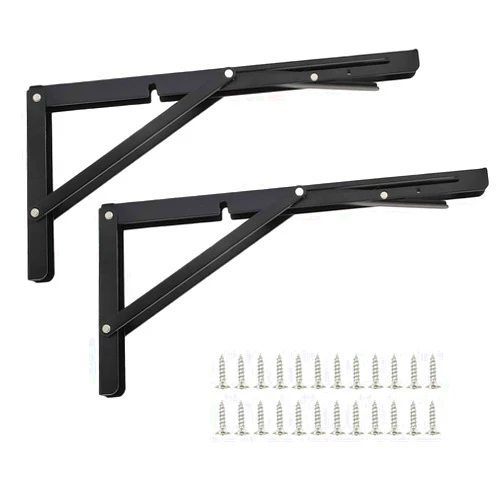 Luomorgo 2 Pcs Folding Shelf Brackets 14 Inch, Heavy Duty Black Metal Triangle Table Bench Folding Shelf Hinge Wall Mounted, Max Load 352lb