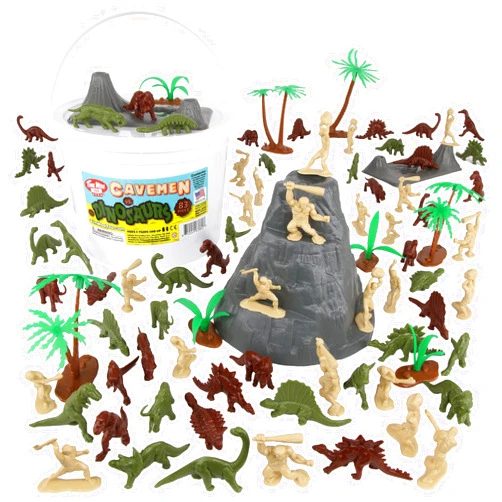 Tim Mee Toy TimMee Bucket of Prehistoric Dinosaur & Caveman - 83pc Plastic Figures & Terrain