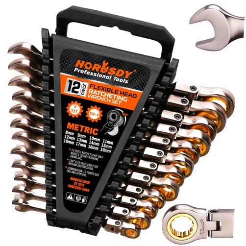 HORUSDY 12-Piece Metric Flex-Head Ratcheting Wrench Set with Organizer | 8-19 mm Ratchet Combination Wrenches Set | 72-Teeth | Chrome Vanadium Steel