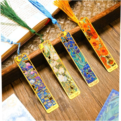 Aromoty 4 Pieces Aesthetic Metal Bookmarks with Tassels,Unique Cute Hollow Van Gogh Monet Themd Book Markers, Christmas Gifts for Women Reading Girls Teacher Readers Book Lover Accessories