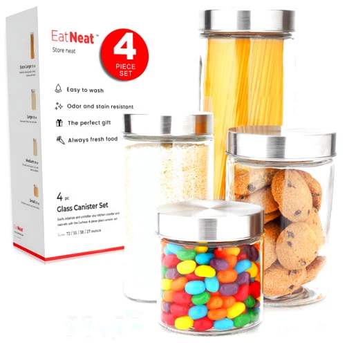 EatNeat Set of 4 Glass Canisters with Stainless Steel Lids - Sleek Airtight Glass Storage Containers for Flour, Sugar, Coffee, and Snacks, Essential for Kitchen Organization, Clear, Various Sizes