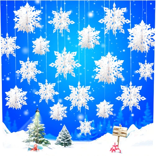 KOWLOON Winter Christmas Hanging Snowflake Decorations 12PCS 3D Large Snowflakes & 12PCS Small Snowflakes Hanging Garland for Winter Wonderland Decorations Frozen New Year Birthday Party