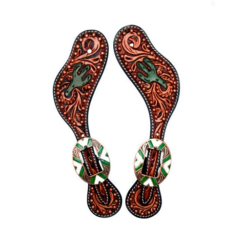 BLACK HOOF Cactus | Floral Tooled| Leather Spur Straps with Copper Spots for Horse Riders | Western Men, Women, Adjustable Single Ply Spur Straps | Equestrian Accessories, Natural Two Tone