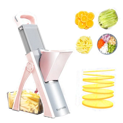 SupMaKin Upgrade Safe Mandoline Slicer Plus for Kitchen, SupMaKin Bigger Port Vegetable Food Potato Chopper, Adjustable Thickness, Julienne & Dicer Salad Making Chopping Artifact (Pink)