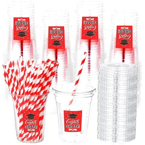 Sliner 50 Set Graduation Plastic Cup Disposable with Lid and Paper Straw 16 oz Clear Drinking Cup for College High School Graduation Party Supplies Decoration Festivities(Red Graduation Style)
