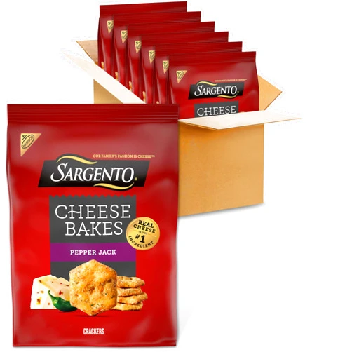 NABISCO Sargento® Cheese Bakes Pepper Jack Crackers, Cheese Crackers, Lunch Snacks, Bulk Snacks, 6-4.5 oz Bags