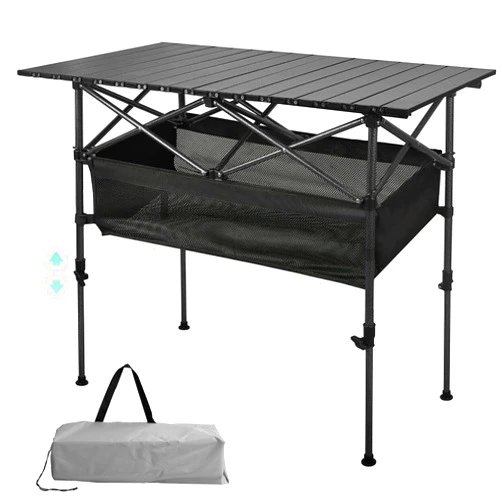 Audoyon Folding Camping Table, Portable Outdoor Table with Adjustable Height, Roll-up Large Foldable Table for Picnic, BBQ, Party, Backyard, Beach, with Large Storage and Carrying Bag