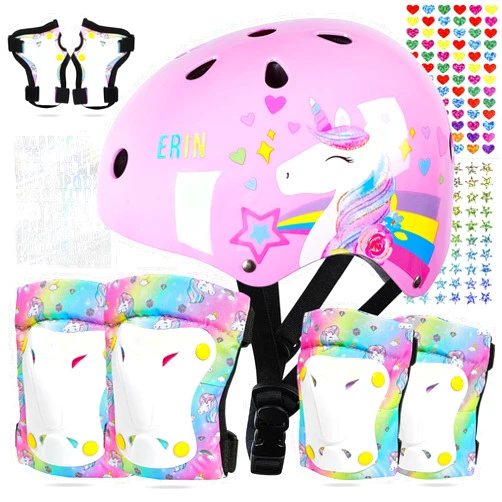 FIODAY Kids Bike Helmet, Toddler Helmet Knee and Elbow Pads Wrist Guards Adjustable Protective Gear Set with DIY Sticker for Girls 3-5-8 Years for Skateboard Inline Skating Scooter