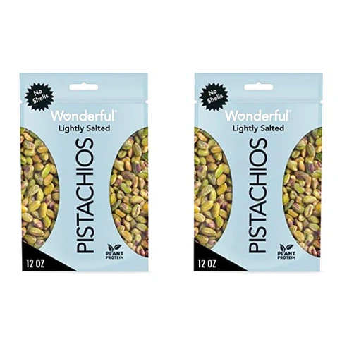 Wonderful Pistachios Wonderful Pistachio No Shells, Roasted and Lightly Salted Nuts, 12 Ounce Resealable Bag, Protein Snack, On-the Go, Individually Wrapped Healthy Snack (12 oz) (Pack of 2)