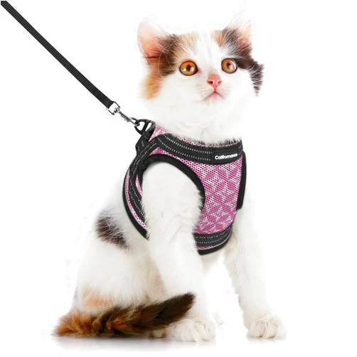 CATROMANCE Cat Harness and Leash Escape Proof for Walking, Safe Adjustable Medium Kitten Vest Set with Reflective Strip for Kitty, Easy Control Comfortable Soft Outdoor Pet Harnesses, Pink, Medium
