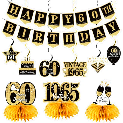Eucutur Happy 60th Birthday Banner Decorations for Men Women, 10Pcs Black Gold 60 Birthday Banner Vintage 1965 Honeycomb Centerpieces Swirls Kit Party Supplies, Sixty Bday Ceiling Table Topper Decor