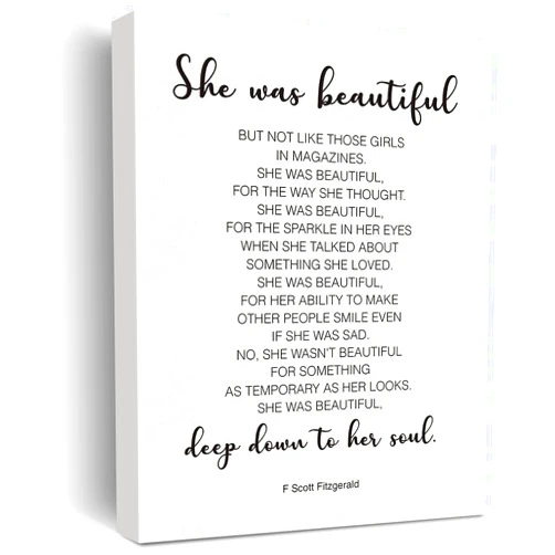 Nvhai Inspirational Wall Decor She Was Beautiful F. Scott Fitzgerald Quote Canvas Painting Prints for Home Dining Room Living Room Wall Decor Framed Artwork Gifts(12x15 Inch)
