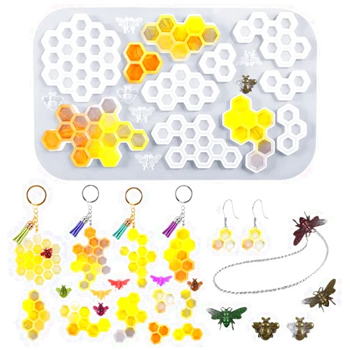 DIYBravo Honeycomb Bee Silicone Mold for Resin, Beehive Epoxy UV Resin Molds, Earring Wind Chime Coaster Key Ring Resin Casting Mold for DIY Handicraft