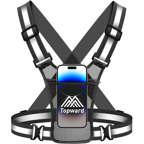 Topward Running Vest Chest Phone Holder for Women Men, Reflective Vest Safety Gear for Dog Walking Cycling - Adjustable Waist/Shoulder