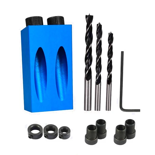 VELNUT Pocket Hole Jig 14Pcs Kit - Woodwork Guides Joint Angle Tool Carpentry Locator - 15° Woodworking Inclined Hole Fixture 6/8/10mm Drill Bits Dowel Screw Drill Jig Joinery Kit Carpenters
