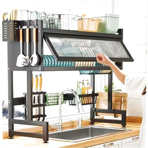 ZrgGea Over The Sink Dish Drying Rack, Above Sink Drainage Rack for Organized Kitchen Organizer, Space Saving Dish Rack with Lid for Dishes and Utensils