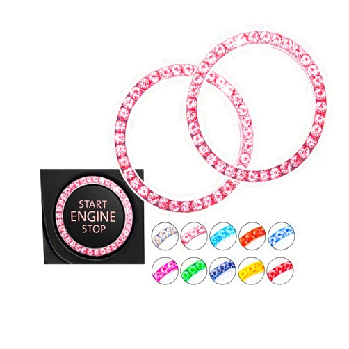 Hallomomo Unique Engine Start Button Bling Ring Cover,Key Ignition Starter & Knob Ring Crystal Rhinestone Cover, Push Start Button Cover Diamond Decor, Car Emblem Badge Sticker Women 2Pcs (Pink)
