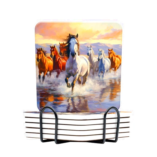 BaHomeck Ceramic Drink Coasters with Holder,Strong Horses Run Wild and Free in The Water Water Absorbent Marble Tabletop Protection (Cork Base),Set of 6,Suitable for Various Mugs,Home Decor，4 Inch