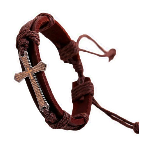 Caiyao Bible Cross Leather Bracelets Adjustable Vintage Handmade Woven Braided Wrap Rope Religious Faith Tag Charm Leather Drawstring Bangle for Men Women Protection Jewelry