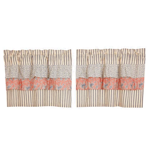 VHC Brands Kaila Country Cottage Ruffled Blue Ticking Stripe Kitchen Curtain Tier Set L24xW36