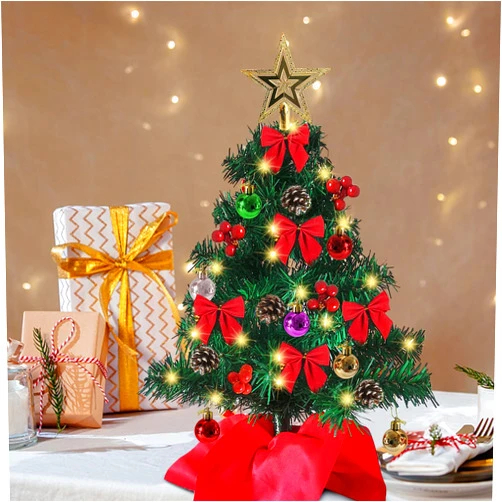 Juegoal Mini Christmas Tree, 24 Inch Table Top Artificial Christmas Trees, Tabletop Xmas Tree, Small Christmas Pine Tree with 50 LED String Lights, Red Bowknots Ornaments