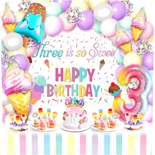Miucat Ice Cream Birthday Party Decorations, Three is So Sweet Ice Cream Balloon Garland with Birthday Backdrop Cupcake Toppers Tablecloth for 3rd Birthday Decorations for Girls Ice Cream Party Decorations
