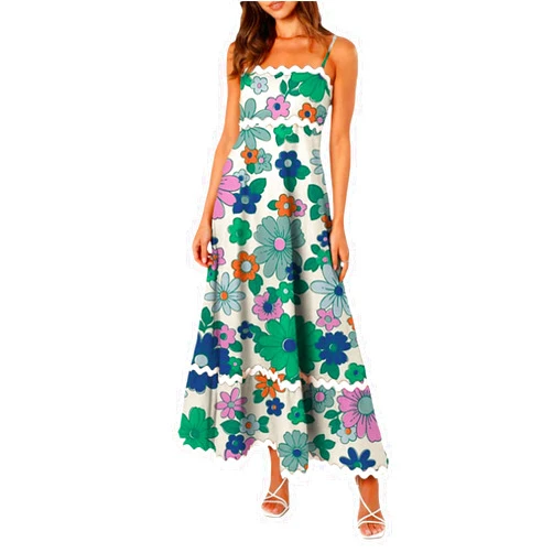 Cjfdfy Women's Spaghetti Strap Colorful Maxi Nap Dress 2024 Summer Graphic Print Off Shoulder Neck A-Line Flowy Party Dresses
