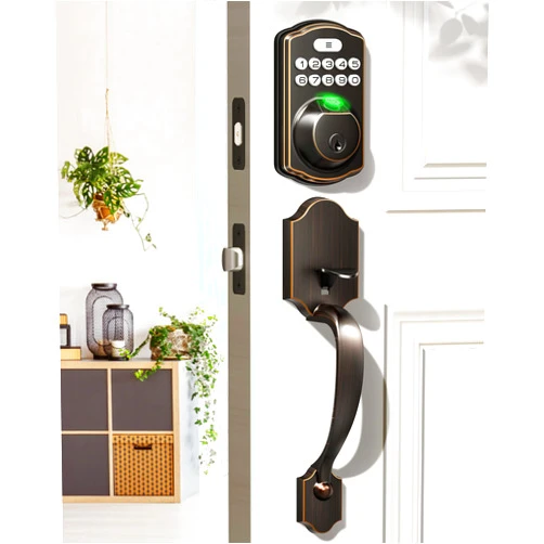 Veise Fingerprint Door Lock Set, Keyless Entry Door Lock, Front Door Handle Set, Electronic Keypad Deadbolt with Lever Handle, 2 Keys, Auto Lock, Code Door Lock, Easy to Install, Oil Rubbed Bronze