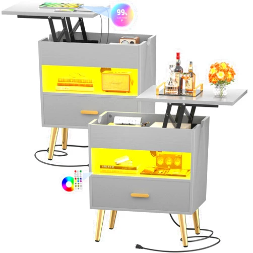 Girapow Nightstands Set of 2 with Lift Top, 35 Inches Nightstands with Charging Station & LED Lights, Grey 3-Tier Bedside Table with Drawers & Open Storage, Tall End Side Table, Bedroom, Living Room