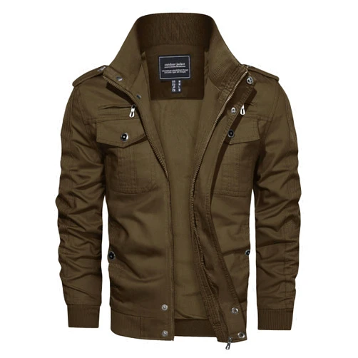 CRYSULLY Men's Cotton Military Jacket Lightweight Casual Windbreaker Stand Collar Bomber Jackets Coat with Multi Pockets