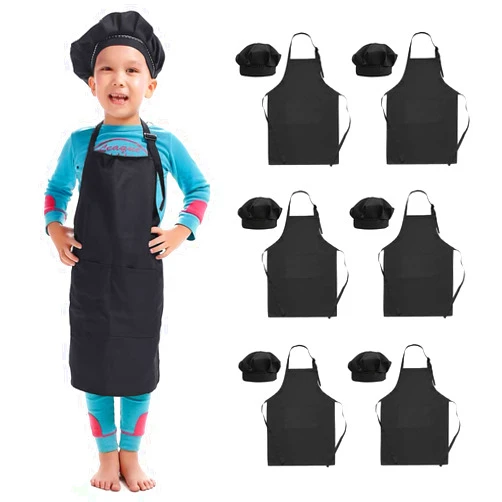 Hi loyaya 6 Black Pack Adjustable Kids Apron and Chef Hat for Cooking Baking Painting Art, Kids Apron for Girl Boy with 2 Pockets(S-Black)