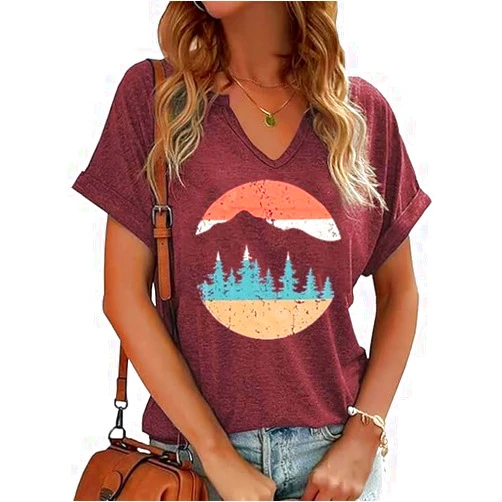 Ovazly Women's Floral T-Shirts V-Neck Dandelion Sun Flower Graphic Casual Tee Boho Tops Cute Wildflowers Shirts
