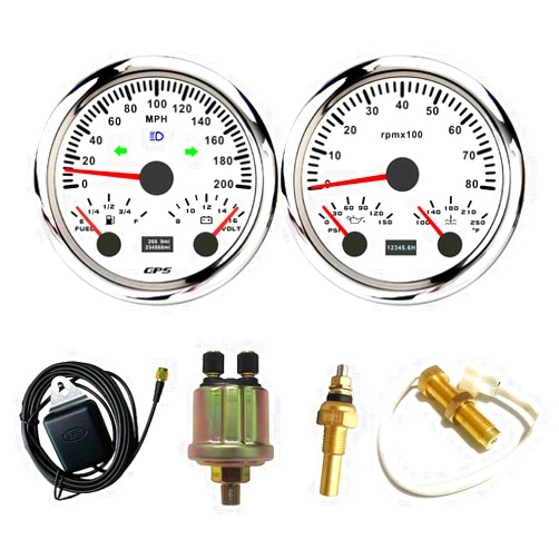ELING 85mm 2 Gauge Set GPS Speedometer 200MPH Odometer Tachometer 8000RPM Fuel Level Water Temp. 100-250℉ Oil Pressure 0-150PSI Voltmeter 12V for Racing Yachts with Sensor 7 Colors Backlights