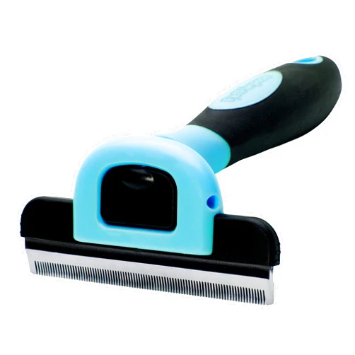 PetPurpose Cat and Dog Deshedding Tool with Deep Undercoat, Tangle, Dander Removal, Professional Heavy-Duty Stainless-Steel Comb, Ergonomic Grooming Brush (Light Blue)