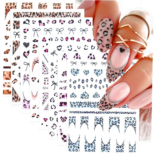 SHUXILIN 8Pcs Leopard Print Nail Art Stickers Decals Leopard Bow French Line Nail Decals 3D Self-Adhesive Black Tiny Bow French Nail Supplies Pink Brown Leopard Design Nail Stickers for Women Girls Manicure