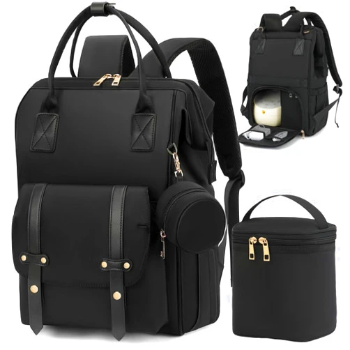 ROSEGIN Diaper Bag Backpack for Mom, Breast Pump Bag with Cooler for Breastmilk, Fits Spectra/Medela/Momcozy, Ideal for Work, Travel, Baby Shower Gifts, Boy/Girl, Pacifier Case - Black