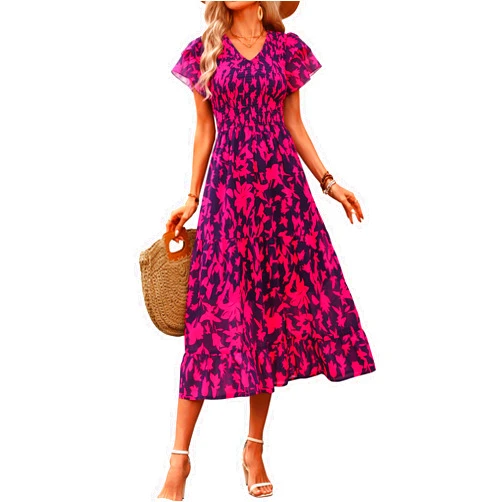 BTFBM Women Casual Summer Short Ruffles Tiered Sleeve Smocked Midi Dresses Bohemian Floral V Neck Wedding Guest Long Dresses