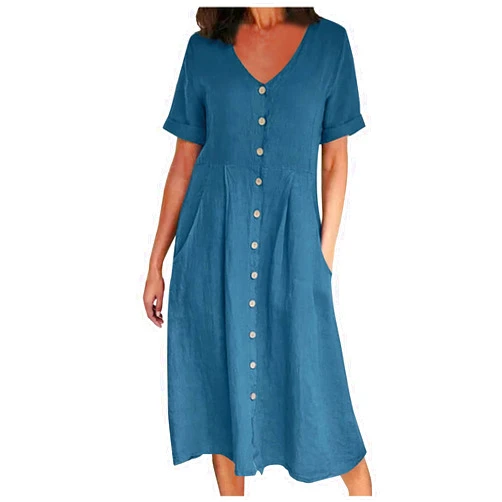 SMIDOW Women's Summer Casual V-Neck Button Down Shirt Dress Solid Short Sleeve Cotton Linen Dress Plus Size Maxi Dress