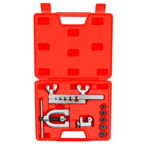 Flexzion Brake Line Flaring Tool Kit with Tubing Cutter - Single and Double Flare Tool Kit with 5 Adapters - 45 Degrees Brake Line Repair Kit for Copper, Aluminum, Brass, Magnesium, and Soft Steel