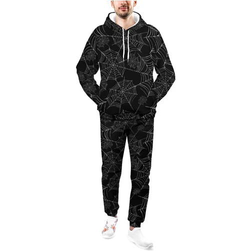 SEPTYK Halloween Spider Black Spiderweb Pattern Hoodie And Sweatpants Set Pullover Tracksuit Drawstring For Casual Unisex