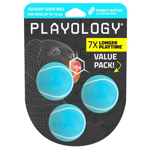 Playology Squeaky Chew Ball for Dogs | Engaging All-Natural Peanut Butter Scented Dog Toy for Small Dogs up to 25 pounds, Value 3-Pack | Squeak, Bounce, Fetch, and Play!