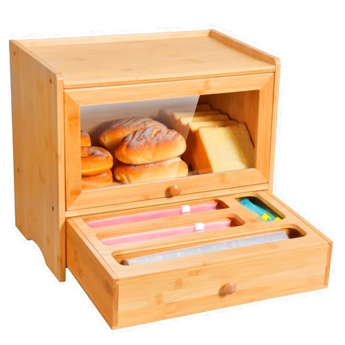 Beglero Bread Box for Kitchen Countertop,Bamboo Bread Box,Corner Bread box with Plastic Bag Organizer,Kitchen Countertop Food Storage Box with 2-Tier Storage,Farmhouse BreadBox with Window for Kitchen Counter