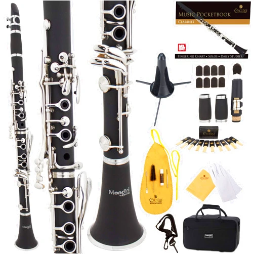 Mendini by Cecilio B Flat Beginner Student Clarinet with 2 Barrels, Case, Stand, Pocketbook, Mouthpiece, 10 Reeds, Mouthpiece Brush, Mouthpiece Cushion, Thumb Rest Cushion, and 1-Year Warranty