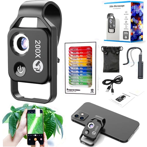 Wjfrnk Nanozoom Cell Phone Lens,Nanozoom 200x Magnification,Nano Zoom 200x High-Tech Clip-On Lens,Phone Microscope with CPL Lens & LED Light,Pocket Phone Microscopes (Black)